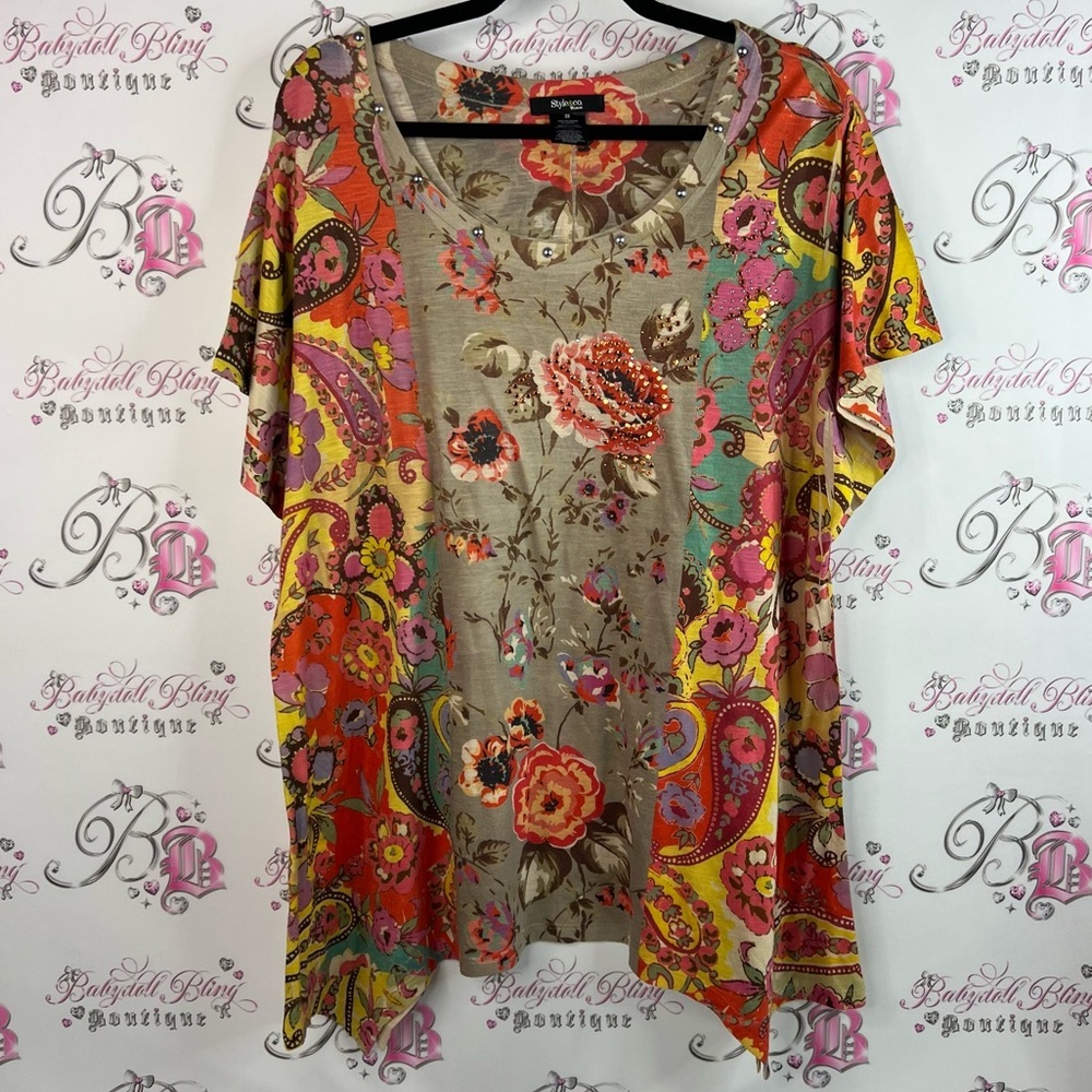 Style & Co. Tshirt fairy hem asymmetrical bling studded Multicolor Floral Blouse